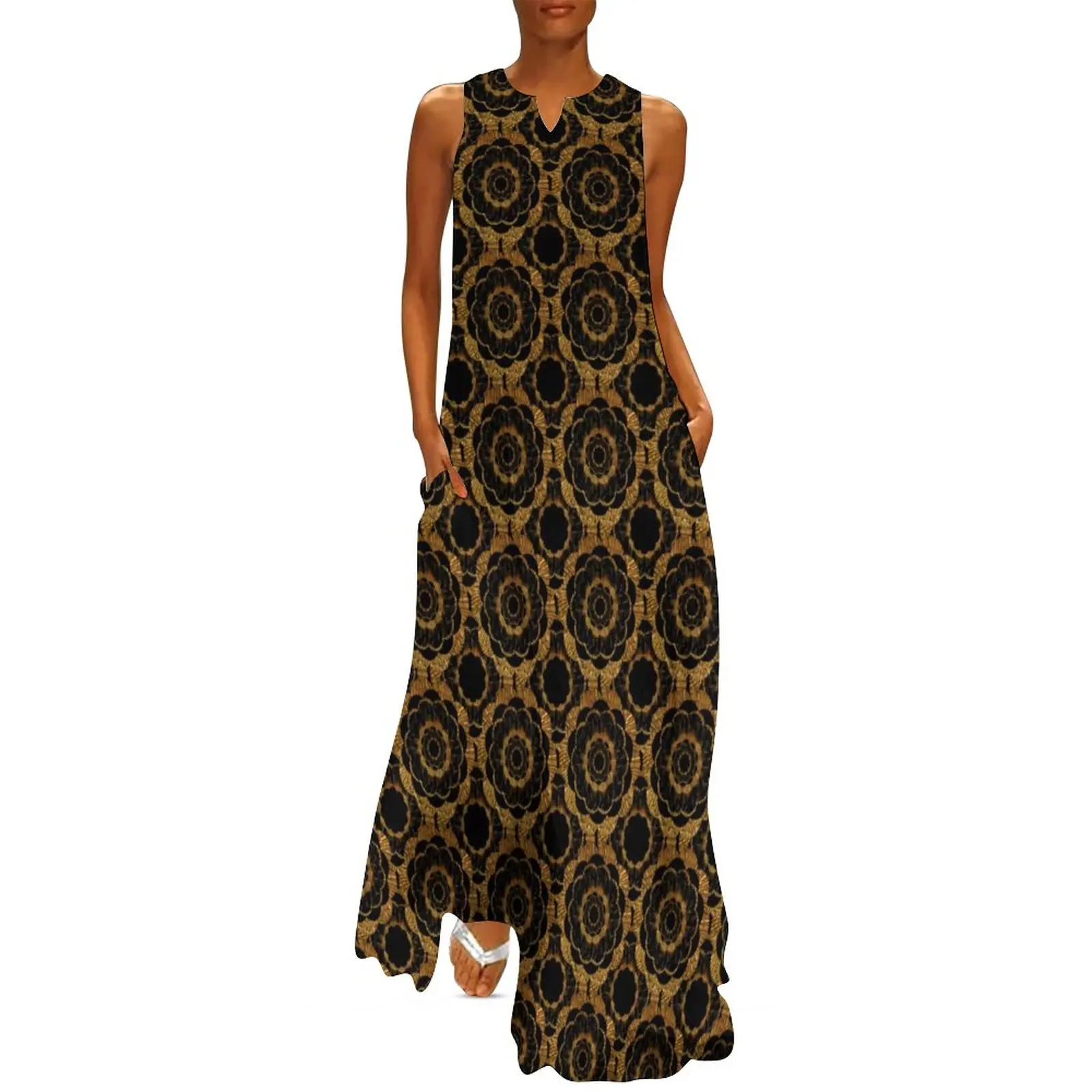 

Retro Mandala Dress Gold Floral Print Sexy Maxi Dress V Neck Print Boho Beach Long Dresses Street Style Oversize Vestido