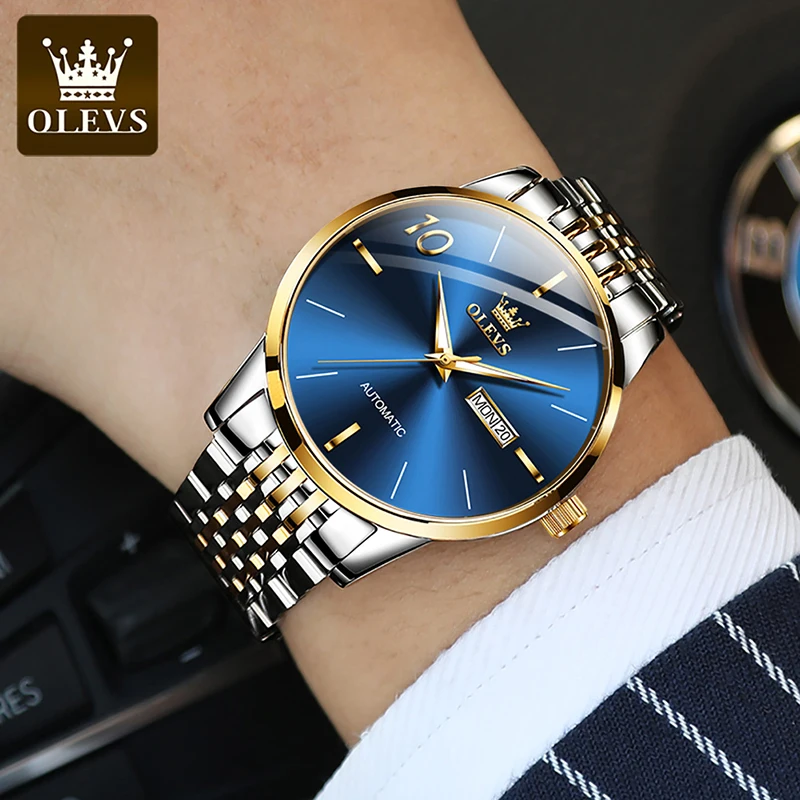 OLEVS Mens Watches Top Brand Luxury Gold Automatic Mechanical Watch Fashion Blue Dial With Weekly Calendar Luminous Waterproof enlarge
