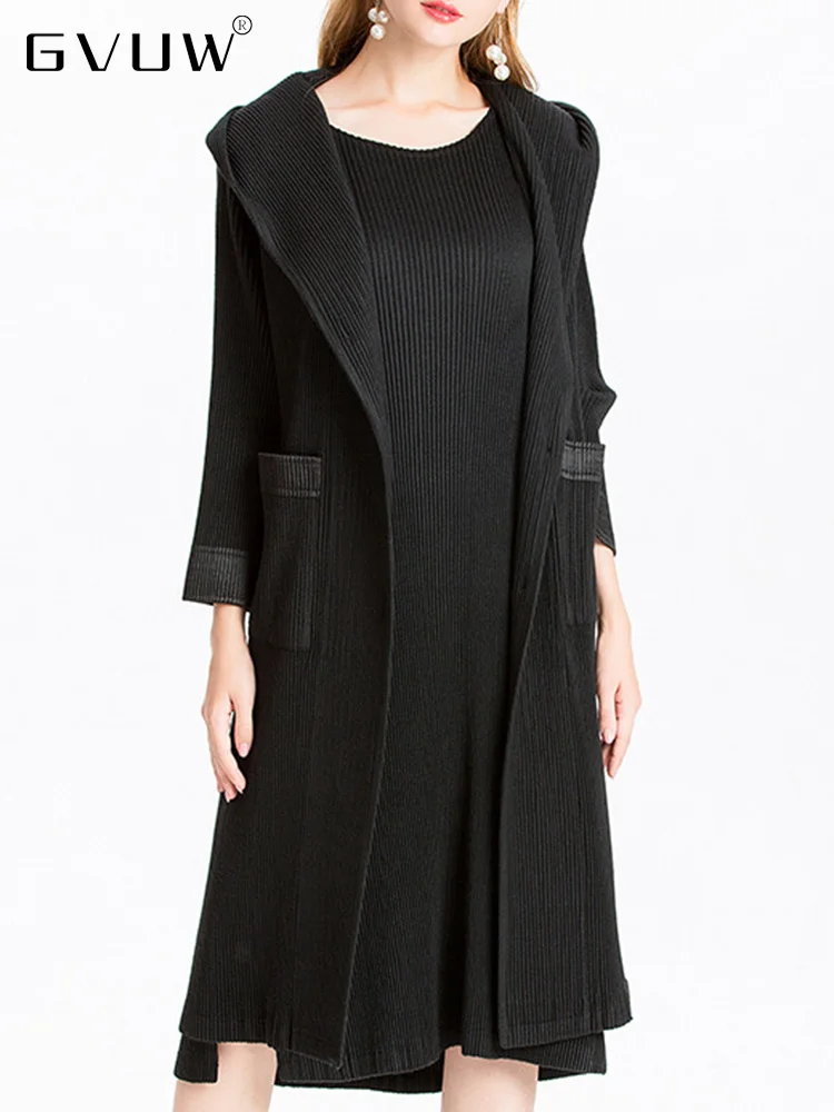 

GVUW 2022 Autumn Women's Pleated Long Trench Coat Solid Color Single Breasted Pocket Hooded Long Sleeve Female Clothing 17D2115