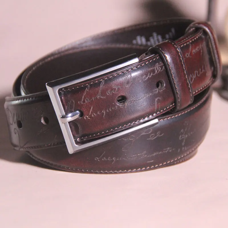 (Ta-weo) Men's Cowhide Pin Buckle Belt, Laser Engraving Handmade Retro Letter Business belts