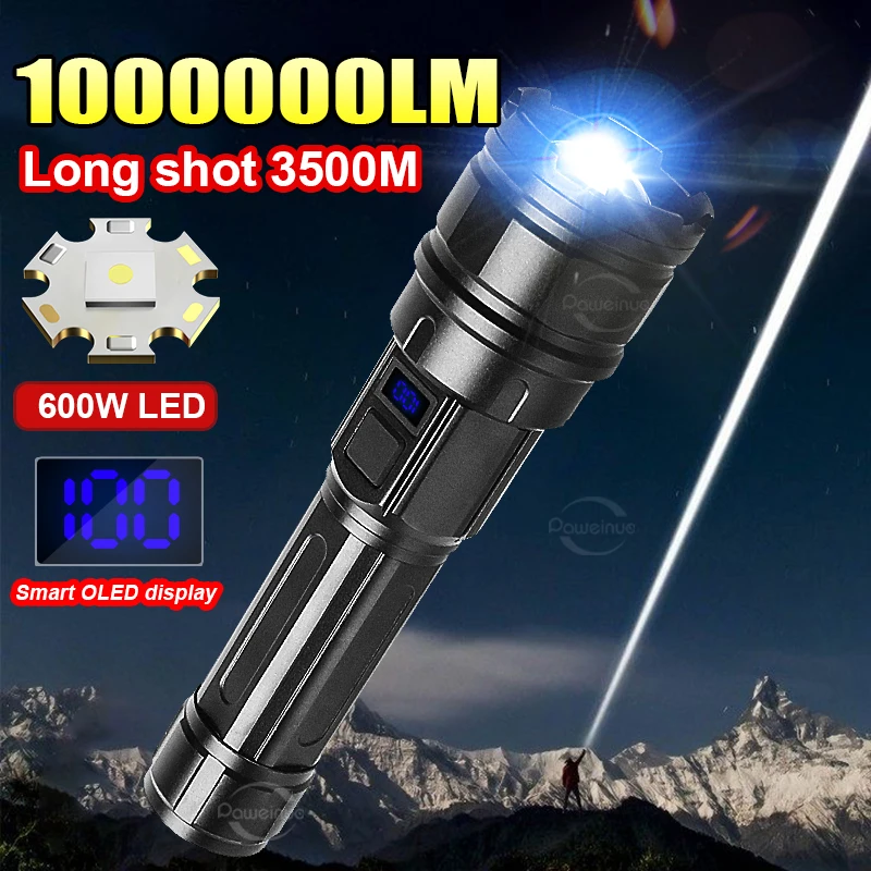 

1000000 Lumen Most Powerful Led Flashlight Super Bright 600W Torch Rechargeable Tactical Lantern Spotlight Long Shot 3500M Torch