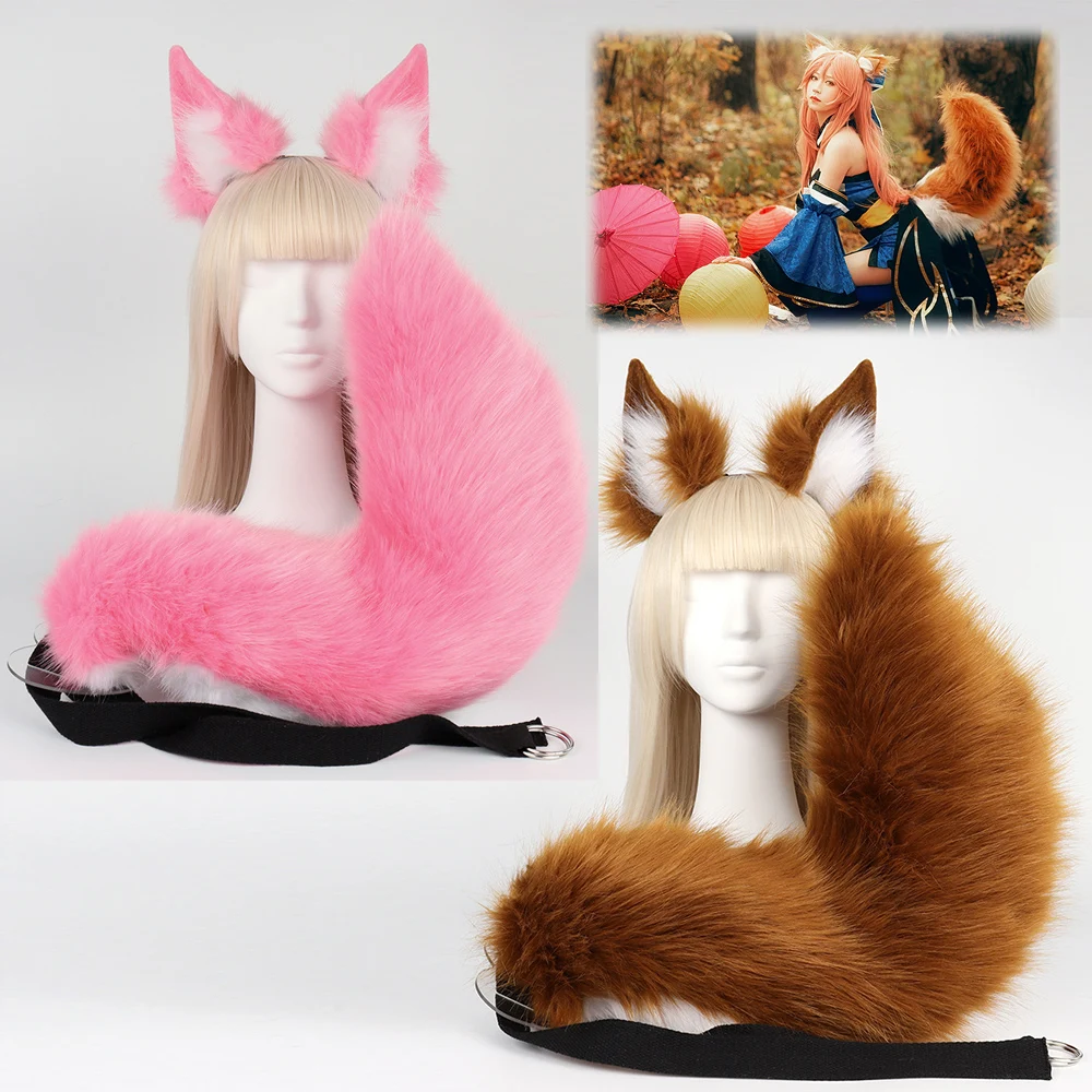 

Anime Fate Extra Fox Ear Tail Cosplay PropTamamo no Mae Big Long 70cm Pink Brow Tail Halloween Party For Girls Women