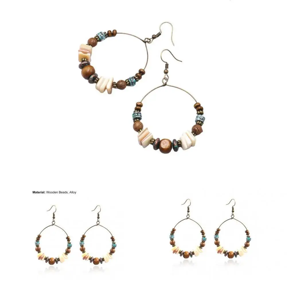 

1 Pair Dangle Earrings Piercing Accessory Exaggerated Wood Beads Round Boho Earrings Retro Earrings for Daily Life