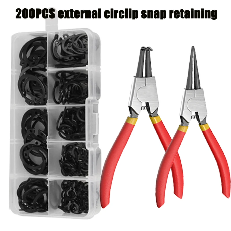 

200pcs M6-M20 Carbon Steel C Type External Circlip Snap Retaining Clip Ring Washer for Bearing Shaft with Curved Straight Tip
