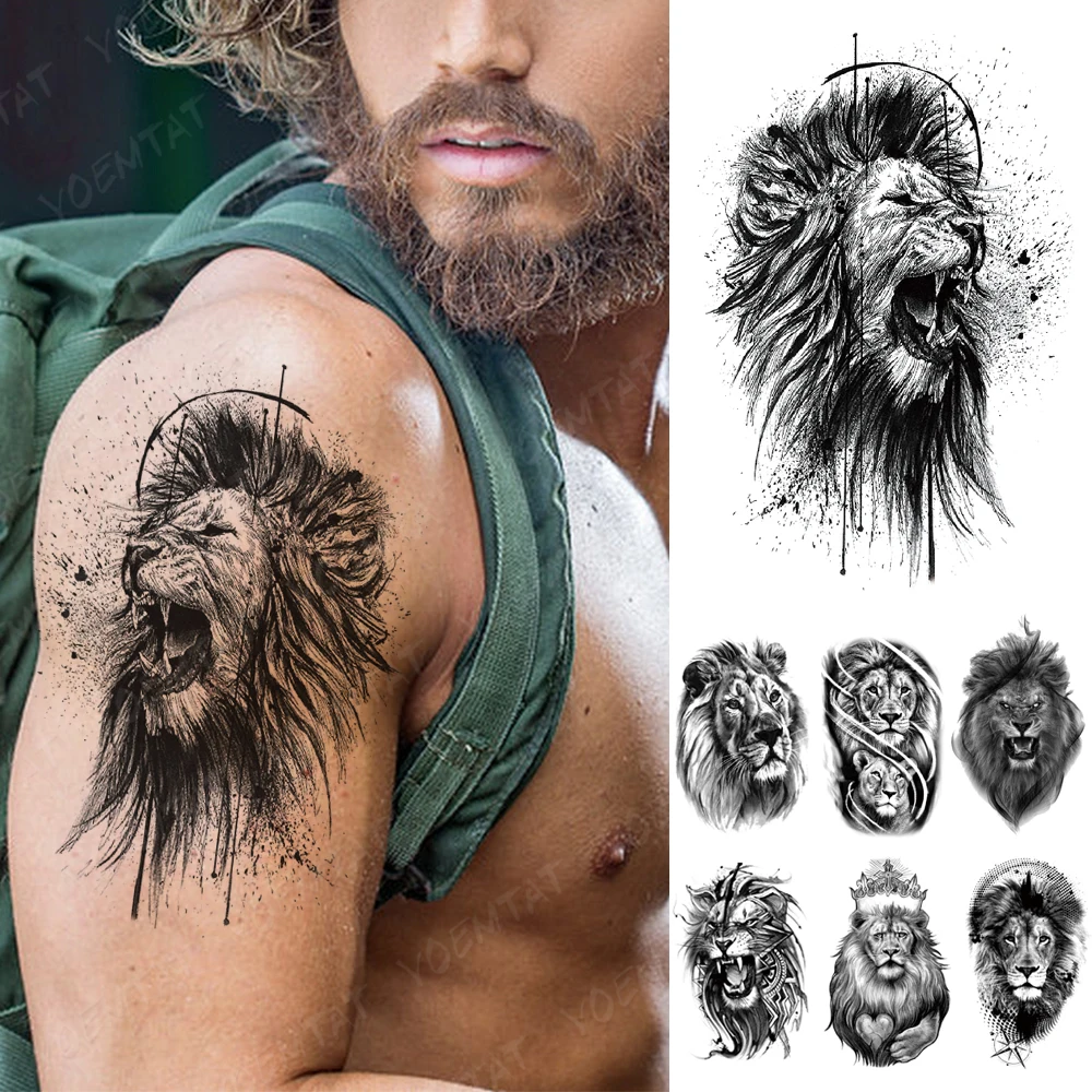 

Waterproof Temporary Tattoos For Men Sticker Black Tiger Lion 3D Realistic Sketch Tattoo Painting Body Art Arm Fake Tatoo Women