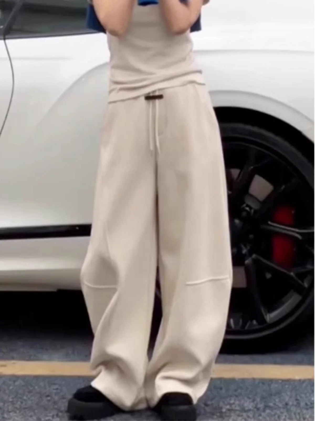 Большие размеры белые повседневные широкие брюки на флисовой подкладке женские