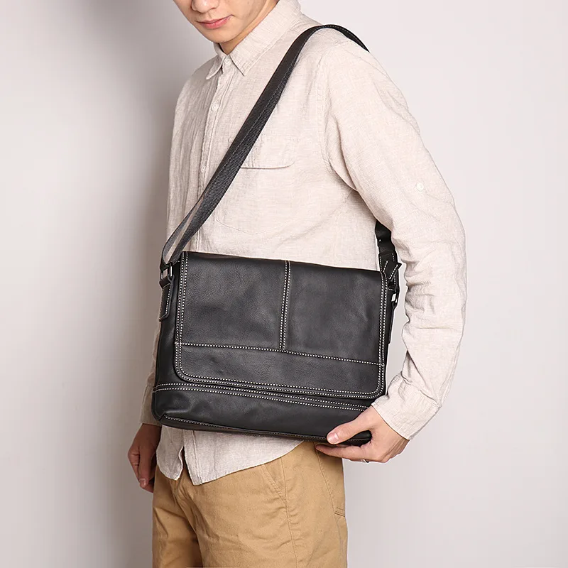 First Layer Cowhide Leather Shoulder Bag for Men Black Horizontal Casual Satchel Bag Handmade Original Men's Bag