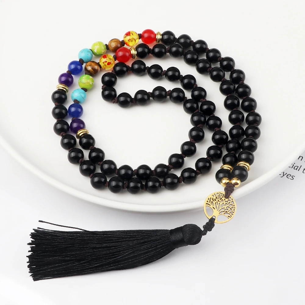 Винтажное ожерелье Shing с черными бусинами в виде 7 чакр модное подвеской дерева