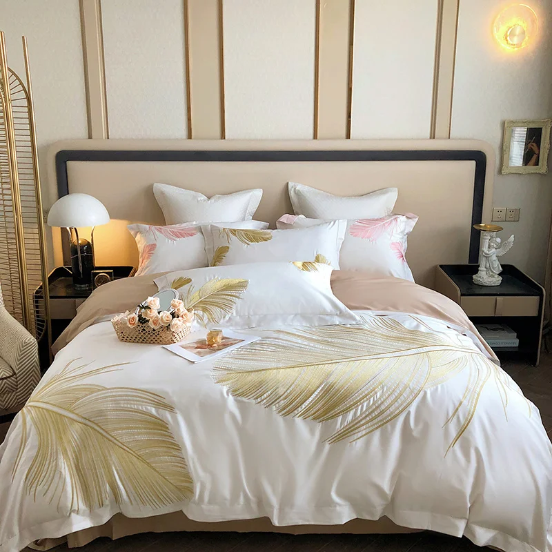 

White 1000TC Egyptian Cotton Gold Feather Embroidery Luxury Bedding Quilt/Duvet Cover Set Bed Linen Pillow Shams Bedclothes