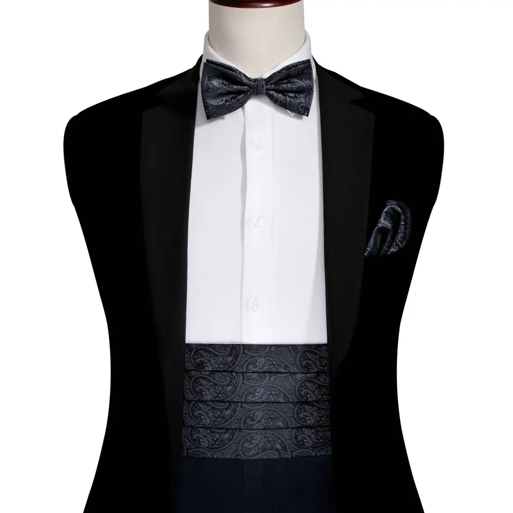Classic Black Silk Cummerbund Set Luxury Designer Paisley Bowtie Fazzoletto Di Alta Qualità Gemelli Business Party Barry.Wang