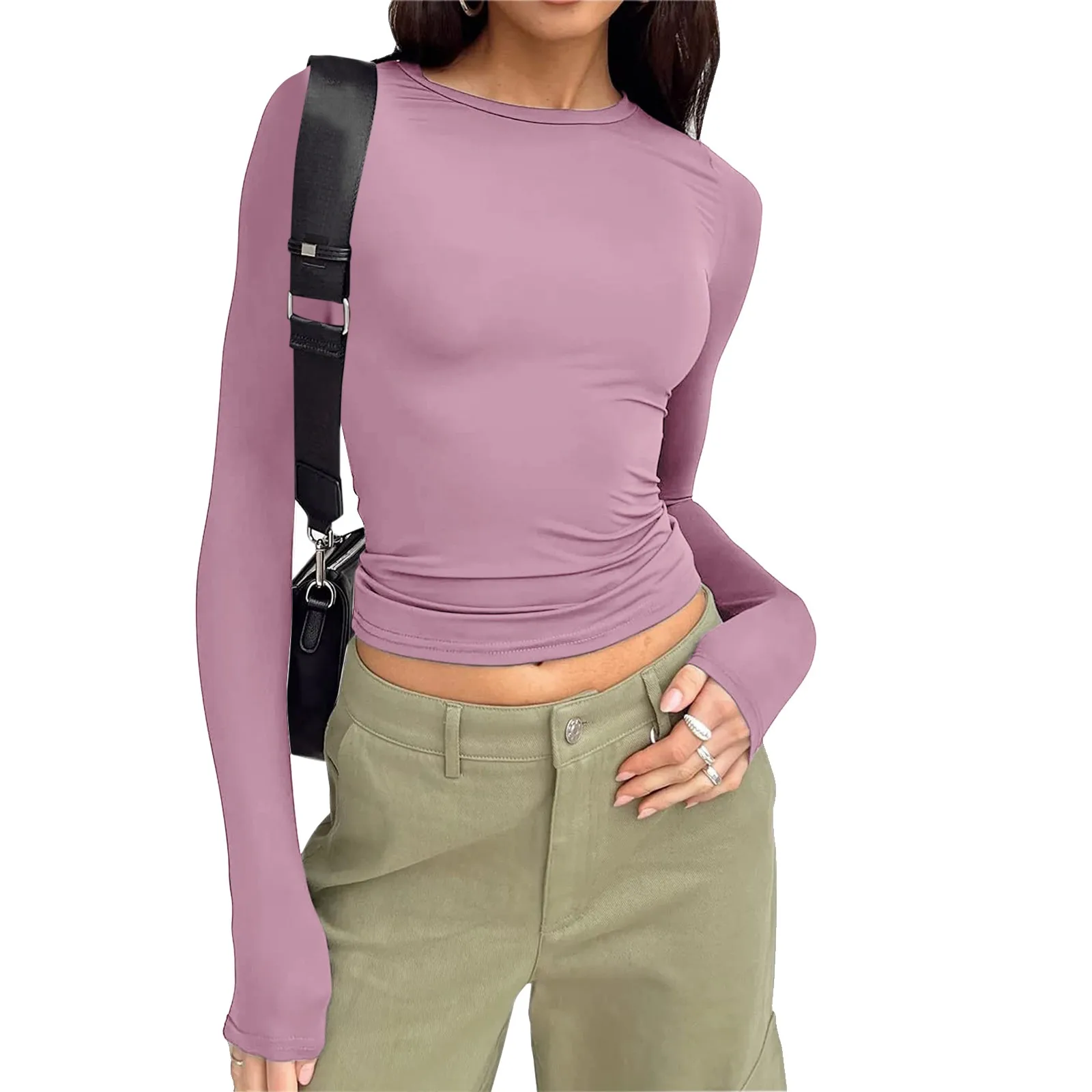 

Облегающая женская футболка с длинным рукавом и круглым вырезом, короткий топ, футболка, базовая однотонная облегающая укороченная одежда для фитнеса Y2k, уличная одежда