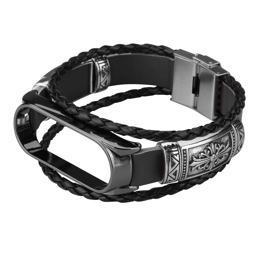 Leather Weave Wristband For Xiaomi Mi Band 5 4 3/5 NFC Smart Bracelet Metal Frame Watchbands Accessories For Miband 5 3 4 Straps