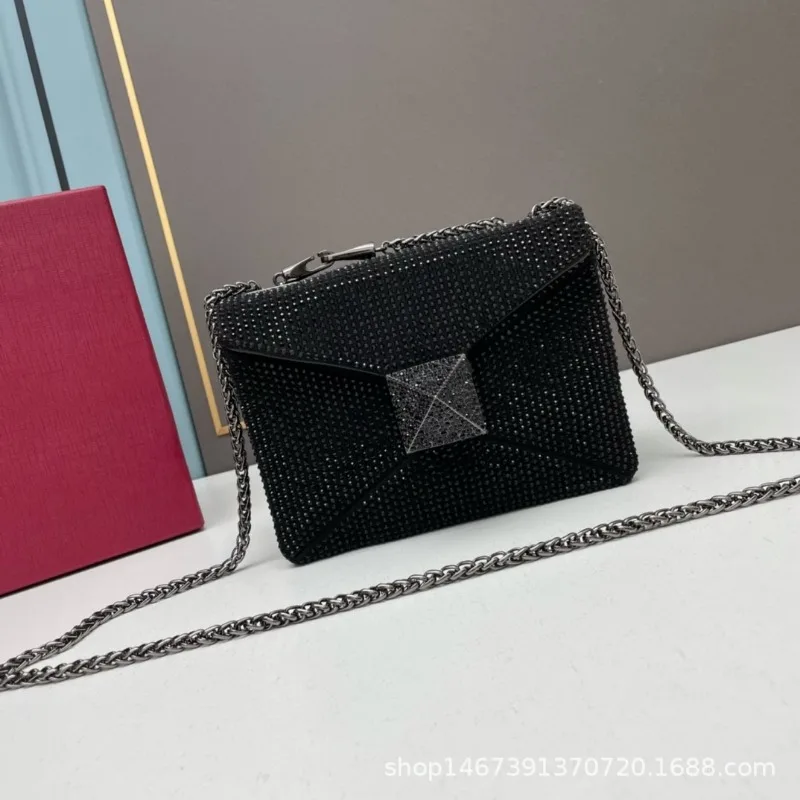 

New Leather Chain Drilling Ladies Square Bag Fashion Rivet with Crystal Trend Decoration Cowhide Single Shoulder Crossbody Bag