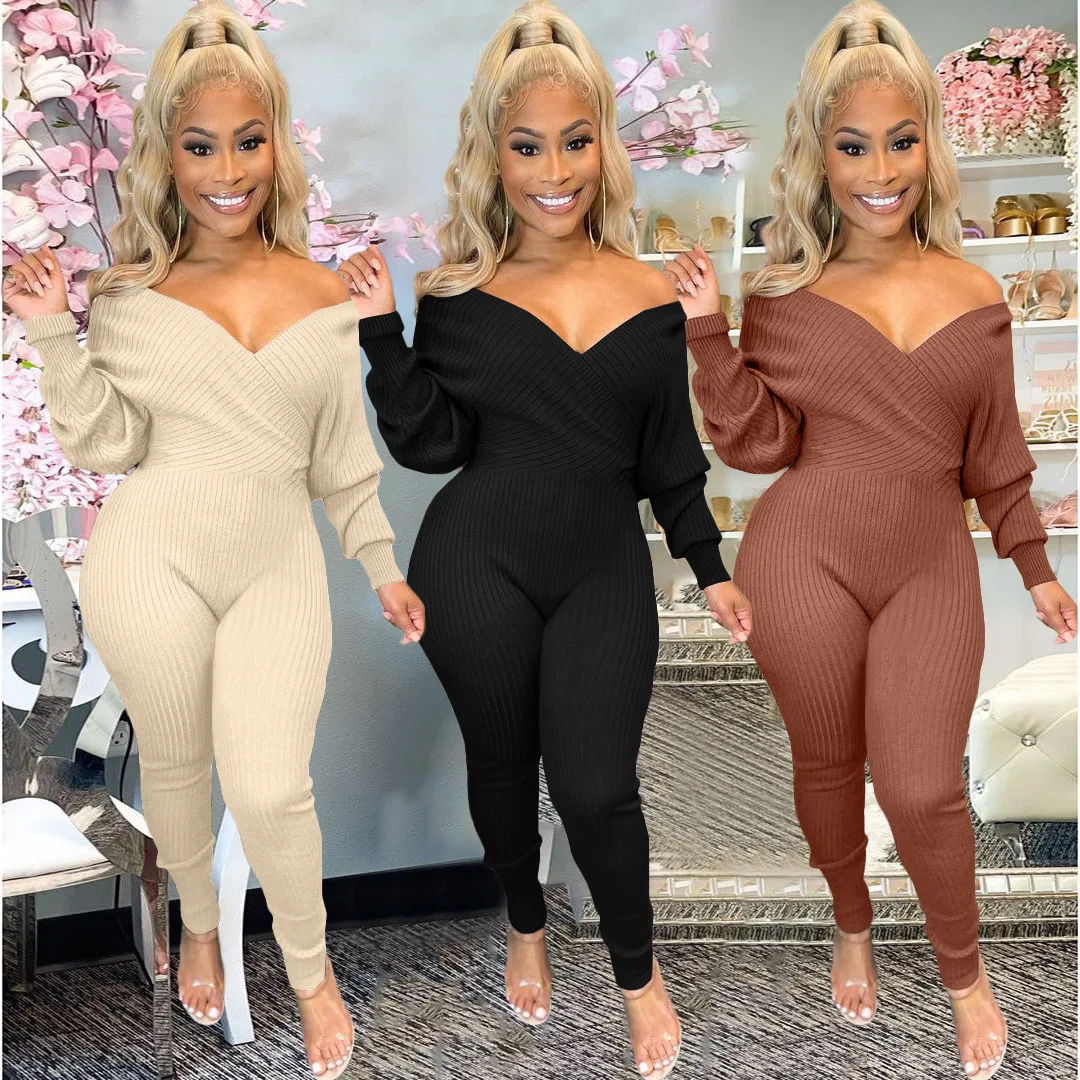 

QNPQYX New women bodycon jumpsuits Classy casual winter clothing off shoulder ribbed v neck rompers