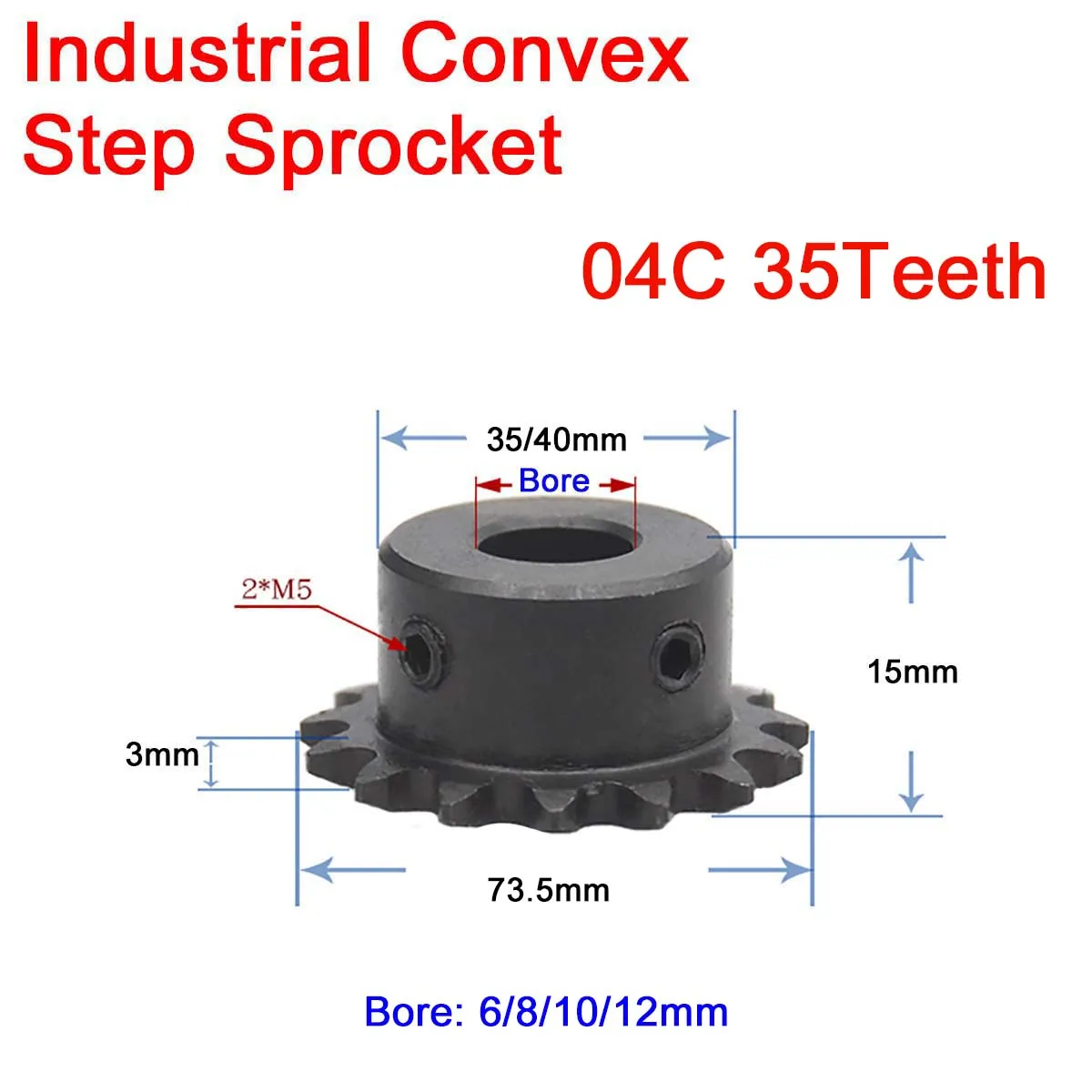 

1Pcs 04C Chain Gear 35 Teeth Industrial Sprocket Wheel Bore 6/8/10/12mm Top Wire M5 04C-1 Chain 25H-1 Chain Material 45 Steel