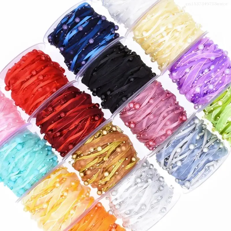 Универсальная атласная лента длиной 10 м с жемчугом. Аксессуар для изготовления