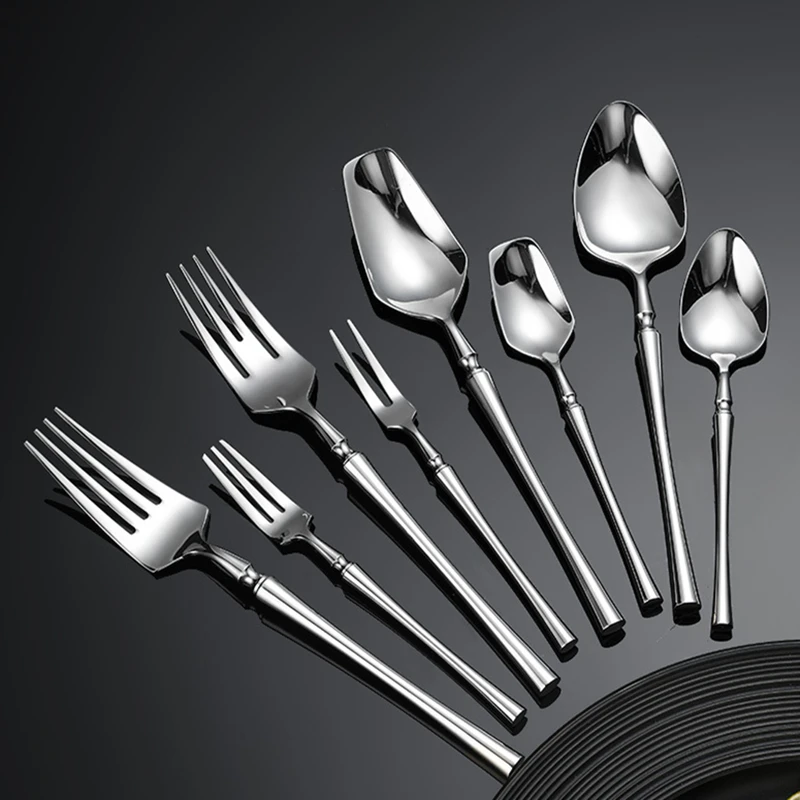 

Western Silver Stainless Steel Dinnerware Dining Knife Serving Spoon Fork Teaspoon Cutlery Set Upscale Tableware Dishwasher Safe