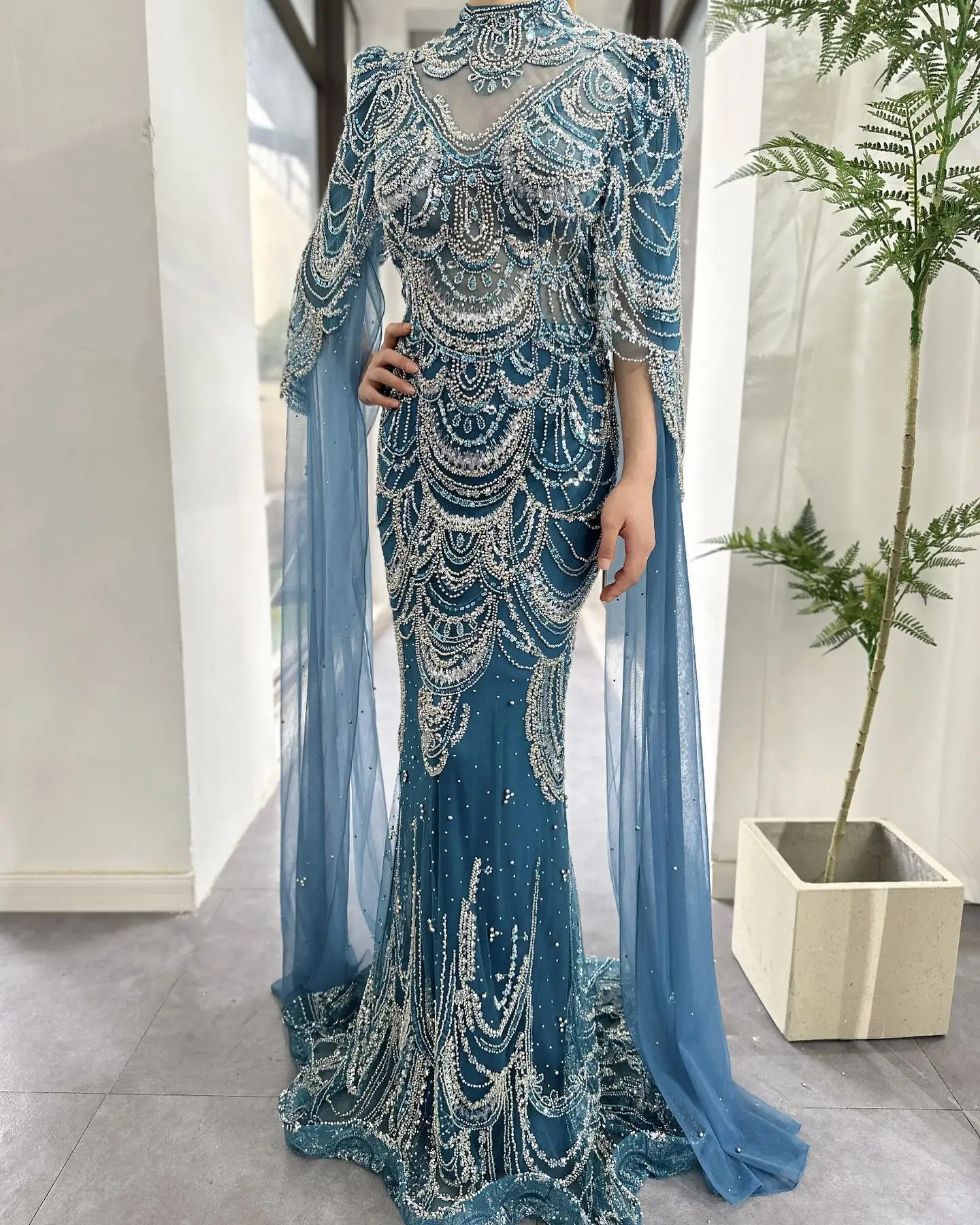 

Luxury Dubai Blue Beaded Mermaid Evening Dresses 2023 with Cape Sleeves Arabic Muslim Women Wedding Prom Party Gowns Plus Size