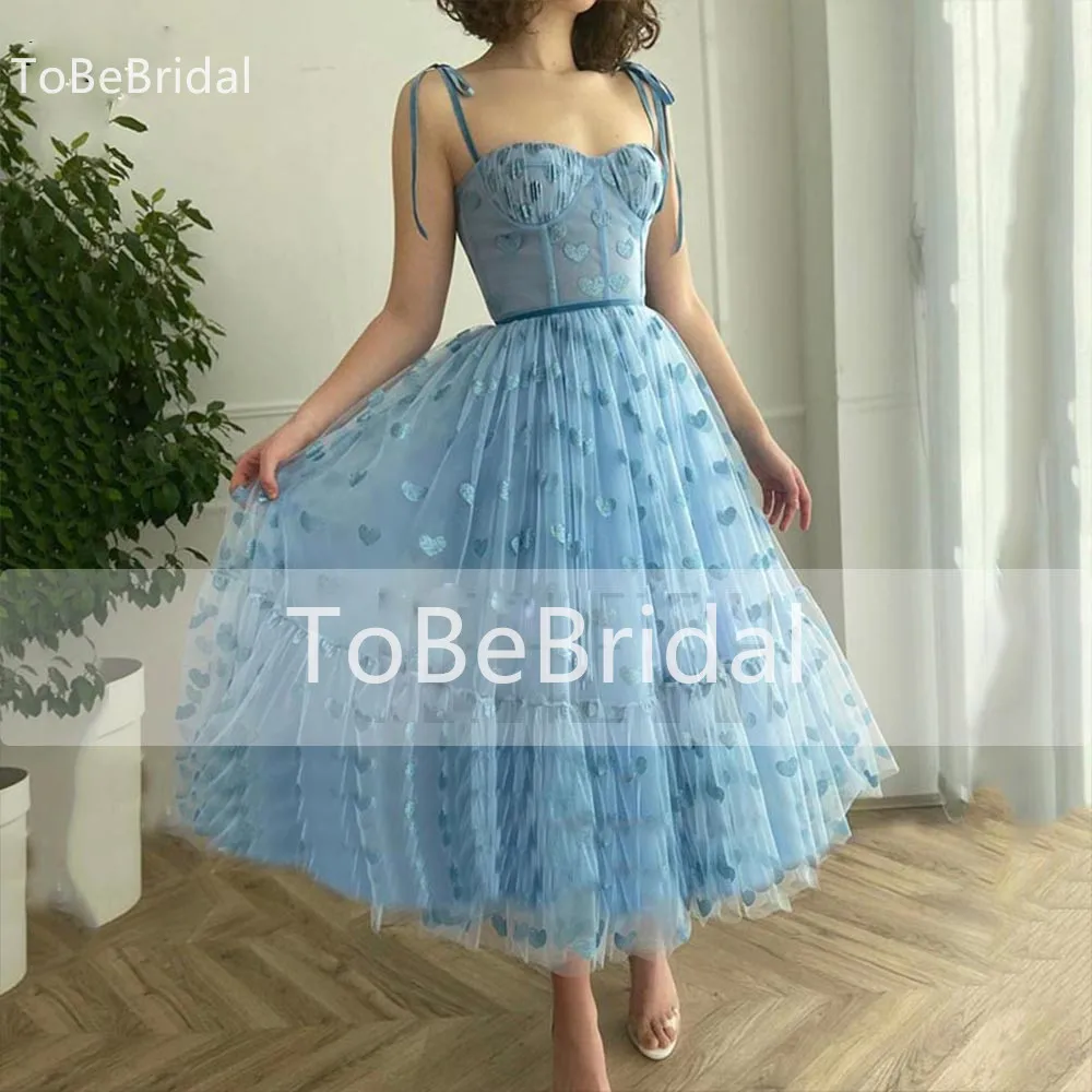 

Summer Blue Heart Print Tulle Prom Dress 2023 Pastoral Sweetheart Spaghetti Strap Long Party Dress Girls' Graduation Dress