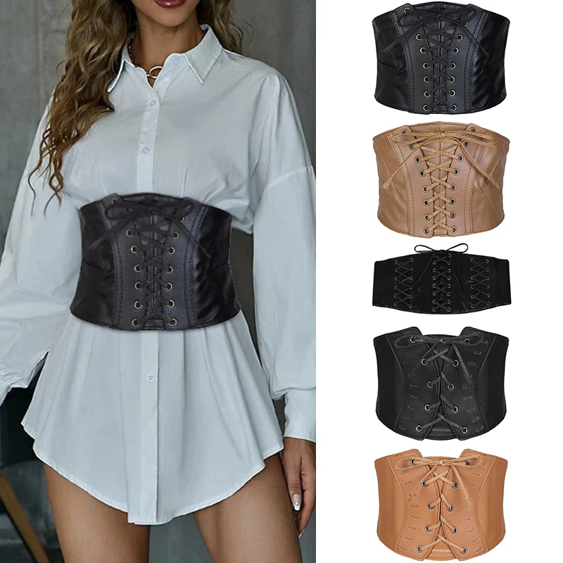 

1pc Ultra Wide Corset Belt Slimming Body Shaping Girdle Belt Lace-up Decorative Waistbands Adjustable PU Leather Elastic Belts