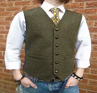 mens wool blend suit vest slim fit v neck single breasted tweed sleeveless tank groom groomsmen wedding vest