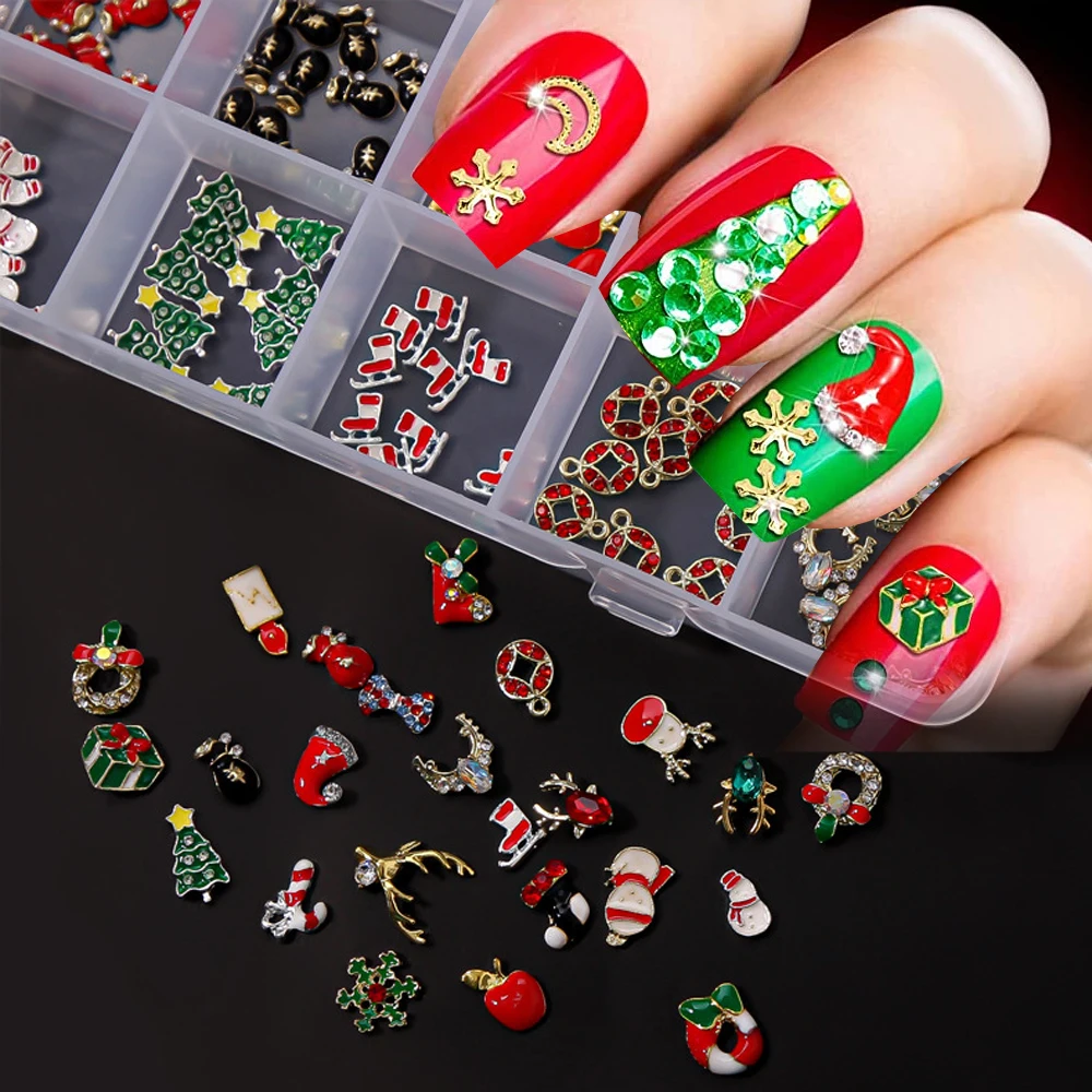 

200 шт с коробкой рождественские 3D металлические украшения для ногтей коробка Санта Снеговик гирлянда из снежинок шпильки для ногтей 12x24 см украшения для ногтей рождественские детали