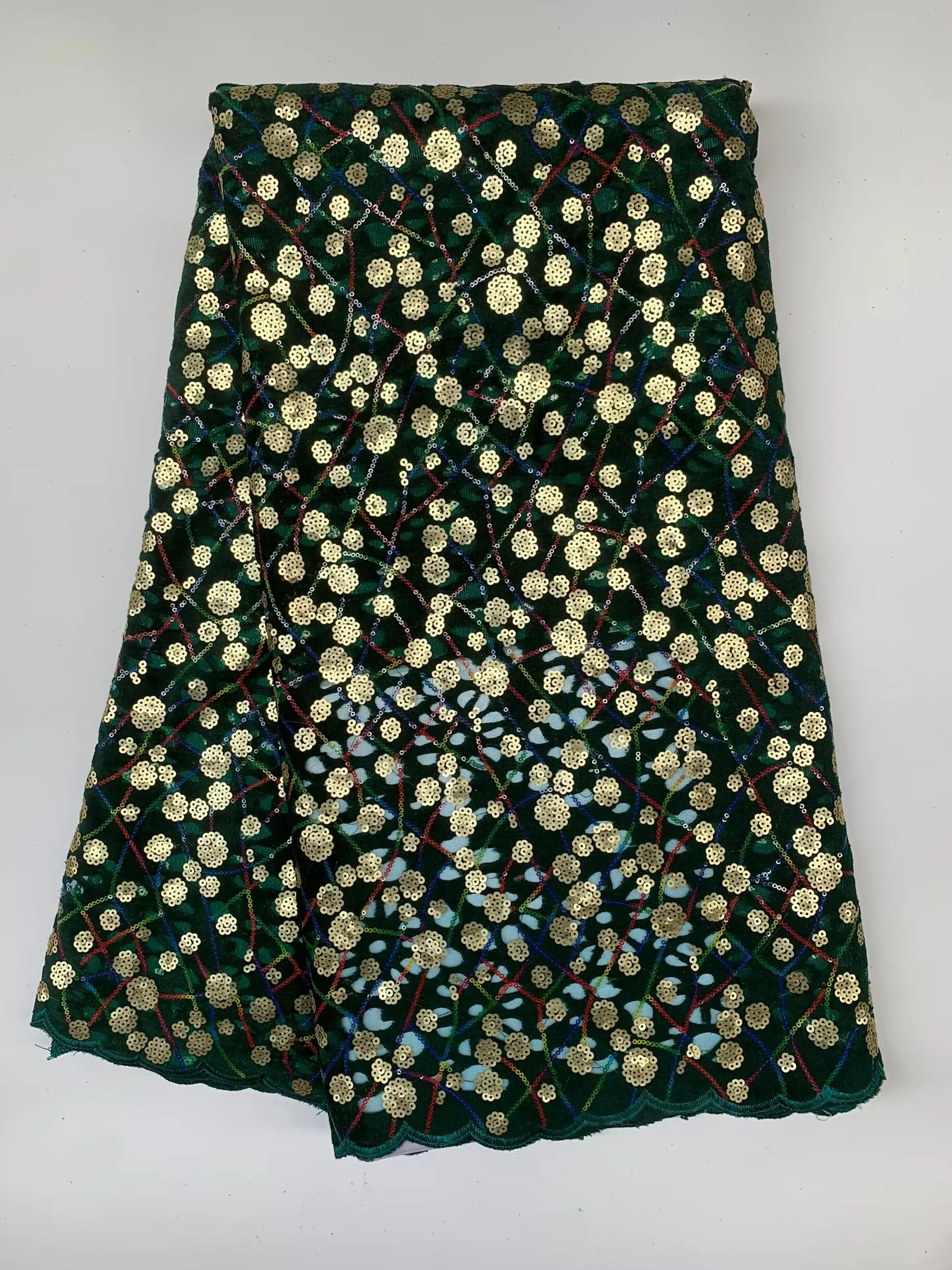 Сверкающая бархатная кружевная нигерийская ткань Asoebi с золотыми блестками 5