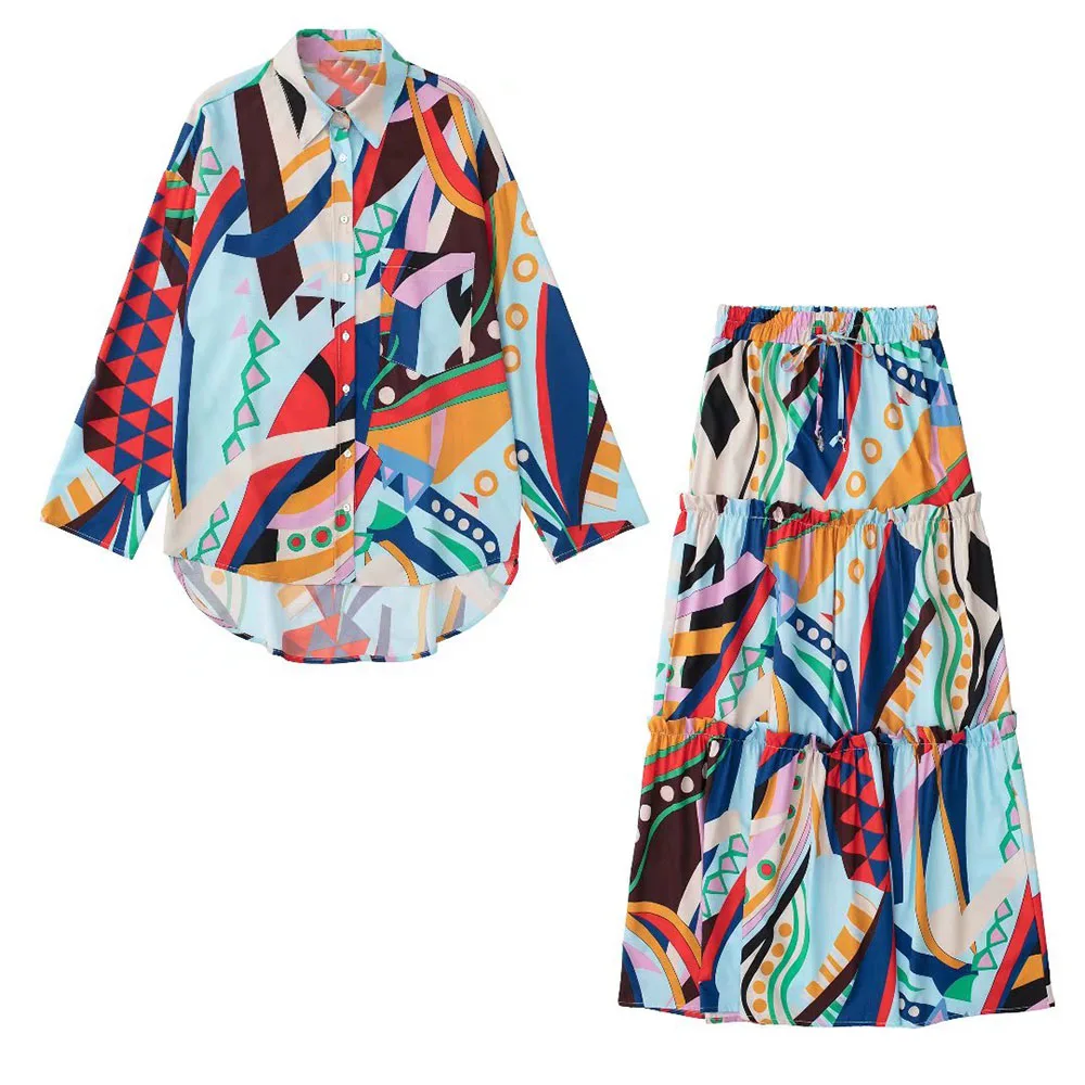 

Female clothing long sleeves lady shirt single-breasted lapel asymmetrical Chic woman blouse printing Midi Skirt Suits
