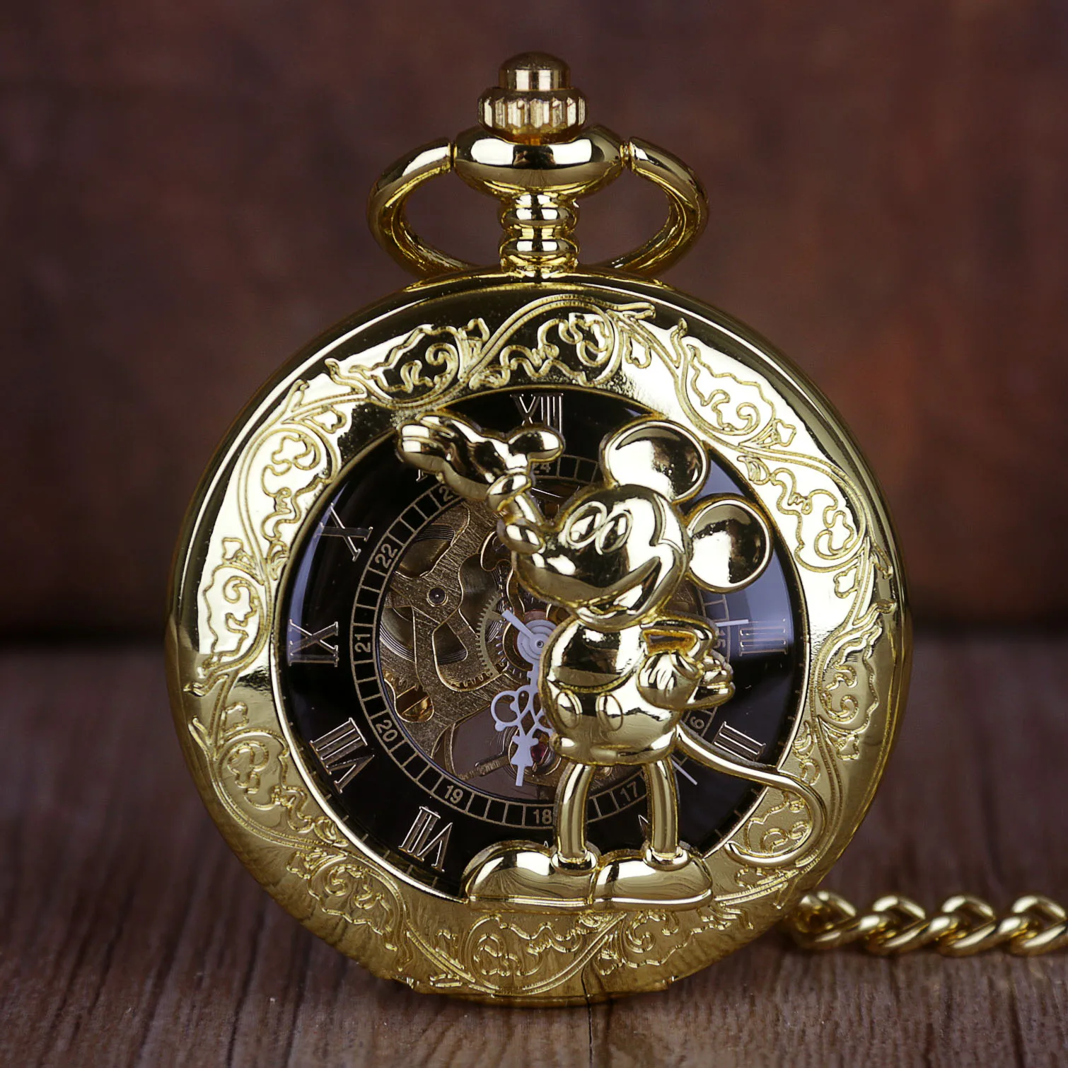 Gold Animated Engraved Vintage Mechanical Pocket Watch Roman Numerals Display Strap Chain Pendant Gift Men Women