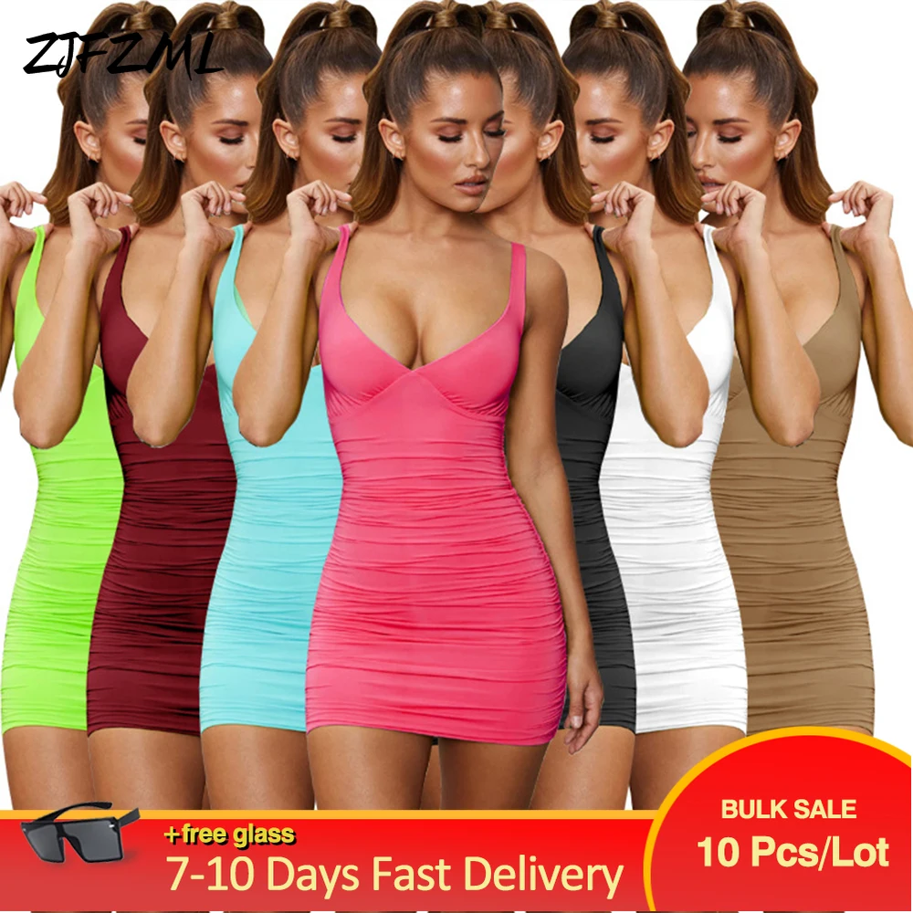 

Оптовая продажа летних женских спортивных плиссированных платьев для фитнеса, одежда для активного отдыха с V-образным вырезом без рукавов