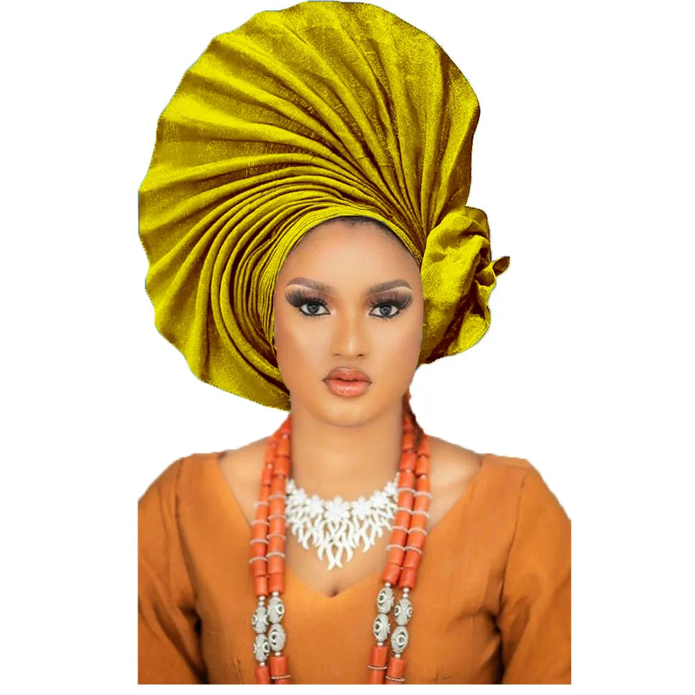 Готовый к носке Gele Африка Нигерия оранжевый головной убор/Aso-Oke ткань/головной
