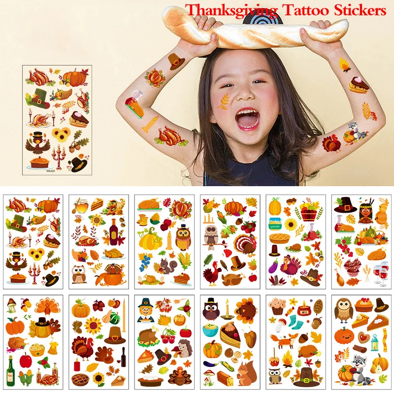 

Thanksgiving Tattoo Sticker Fake Temporary Waterproof Cartoon Body Stickers Harvest Maple Party Decor Supplies For Children Gift