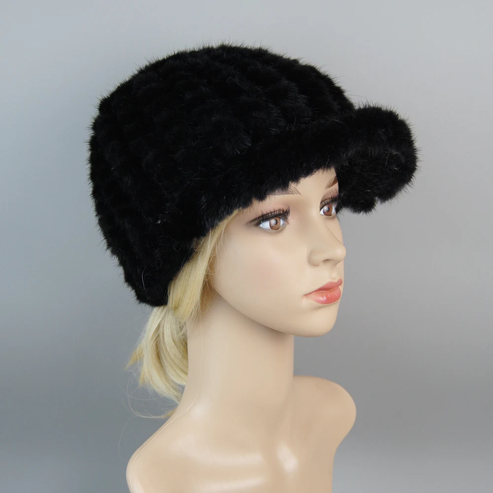 Женская зимняя трикотажная шапка из натурального меха норки с защитой от ветра и