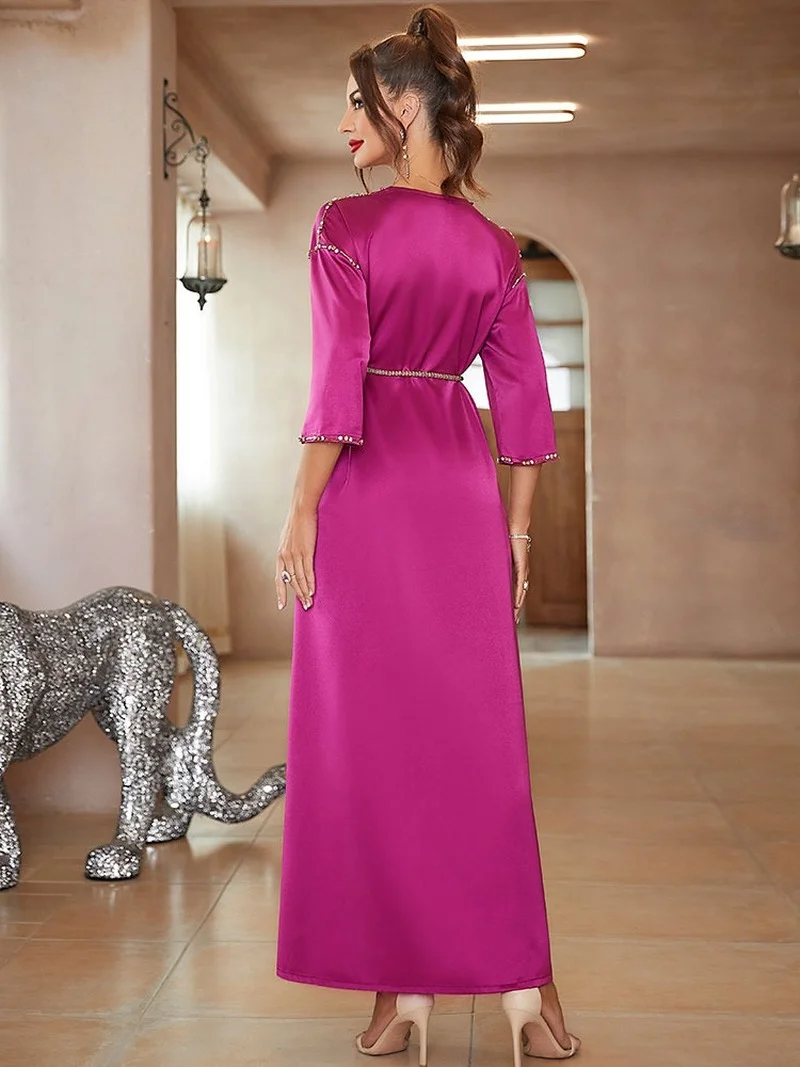 Eid Moroccan Caftan Hand Sewn Rhinestone Arabic Evening Long Dress Dubai Saudi Gulf Jalabiya Muslim Party Satin Abaya Kaftan