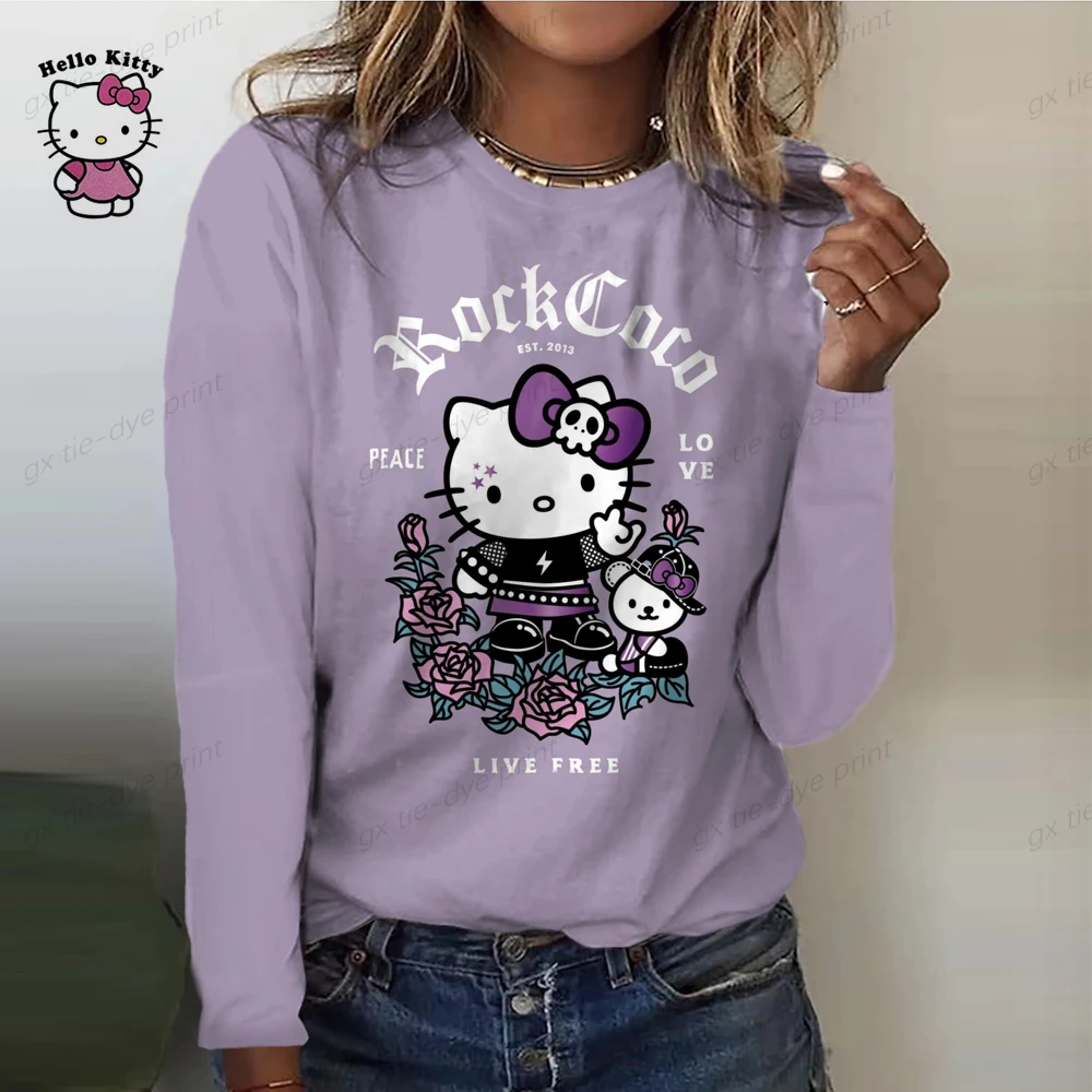 

Женский топ с рисунком Hello Kitty, повседневный Базовый Топ с длинным рукавом и круглым вырезом для выходных и праздников, уличная одежда, 2023