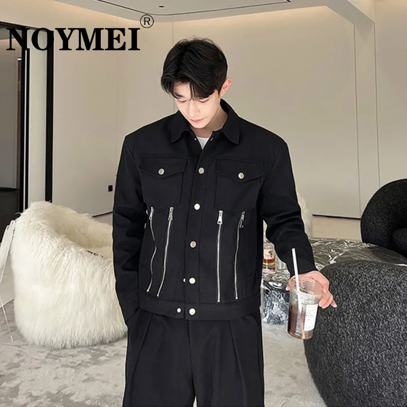 

NOYMEI Denim Metal Zipper Silhouette Jacket Pockets Single Breasted Autumn Korean Style Solid Color 2023 Men Coat Chic WA2254