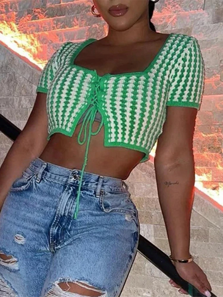 

Сезон женский модный Повседневный сексуальный трикотажный кроп-топ в клетку, дикая облегающая эластичная уличная одежда 2022, Женский офисны...