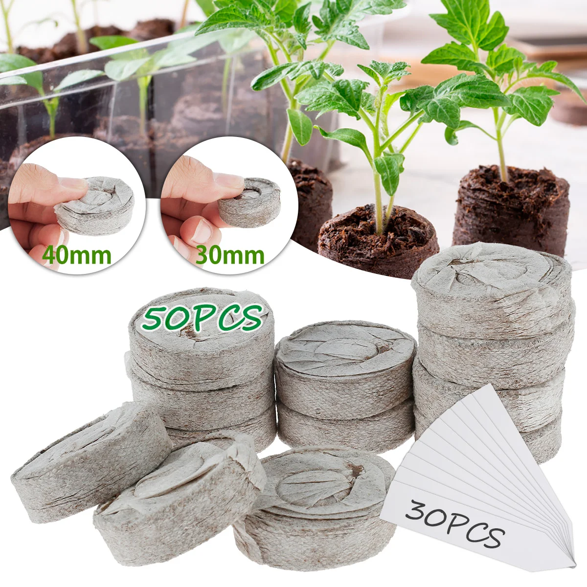 

50Pcs Compressed Coco Coir Fiber Potting Soil Expanding Organic Pellet Fiber Soil Indoor Seed Starter Kit with 30 Plant Labels