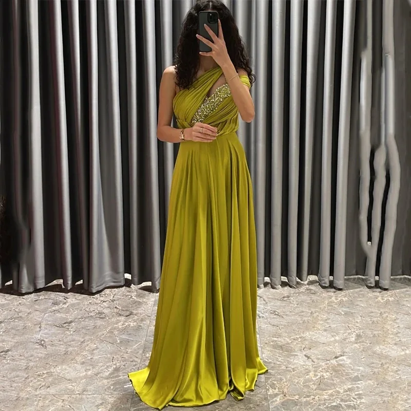 

Neon Green A-Line Prom Dresses Sexy One Shoulder Beadings Evening Dress Saudi Arabia Dubai Cocktail Party Gownsفساتين الحفلات