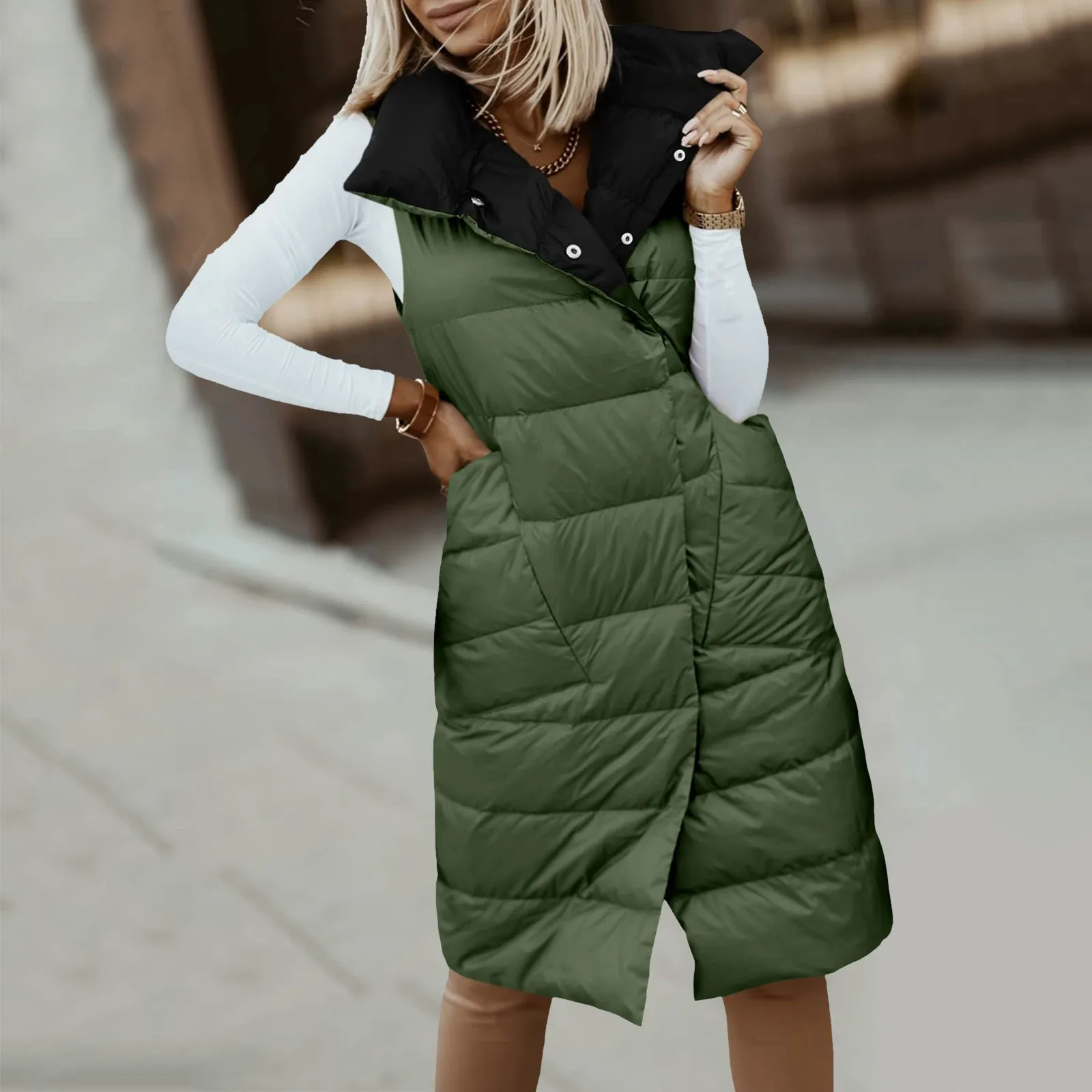 

Women's Winter Long Button Down Vest Lapel Neck Pockets Padded Sleeveless Vest down Jacket Women Light Jackets