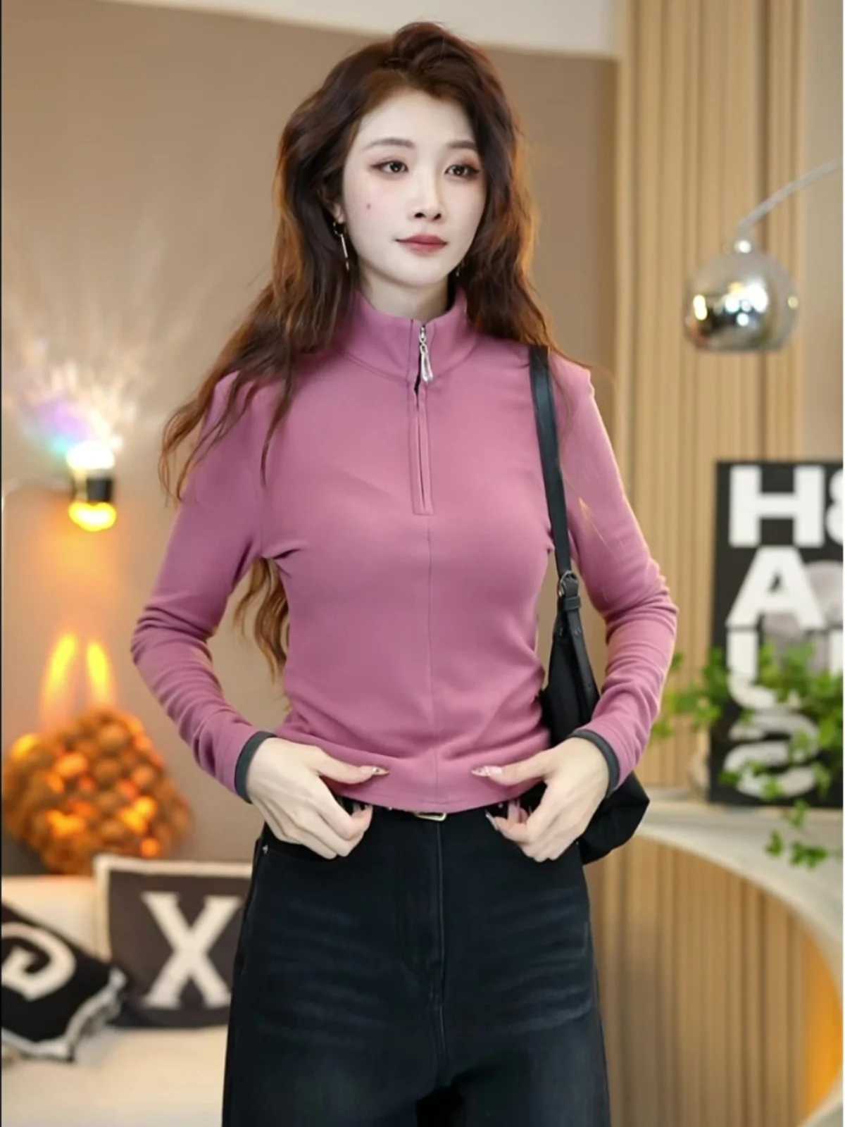 Korean Series Zip-up Half-high Collar Double-sided Plush Contrast Color Knit Women Autumn and Winter New Long sleeve Warm Ela...