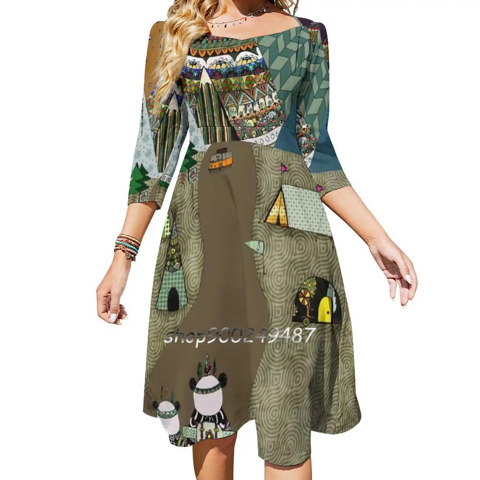 

Женское платье с квадратным вырезом, Элегантное летнее платье с принтом «панда»