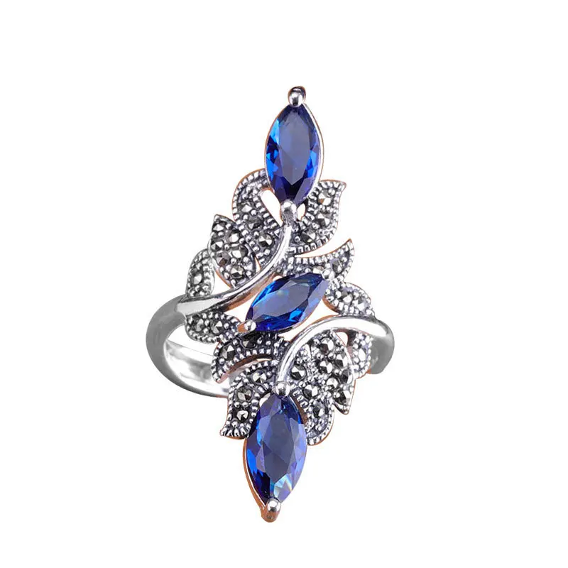 Simple Retro Hand Jewelry European and American Popular Fashion Ladies Cut Blue Corundum Inlaid Stone Ring Decoration |