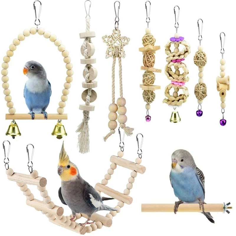 

9PCS Bird Parrot Swing Toys, Chewing Standing Hanging Perch Hammock Climbing Ladder Bird Cage Toys