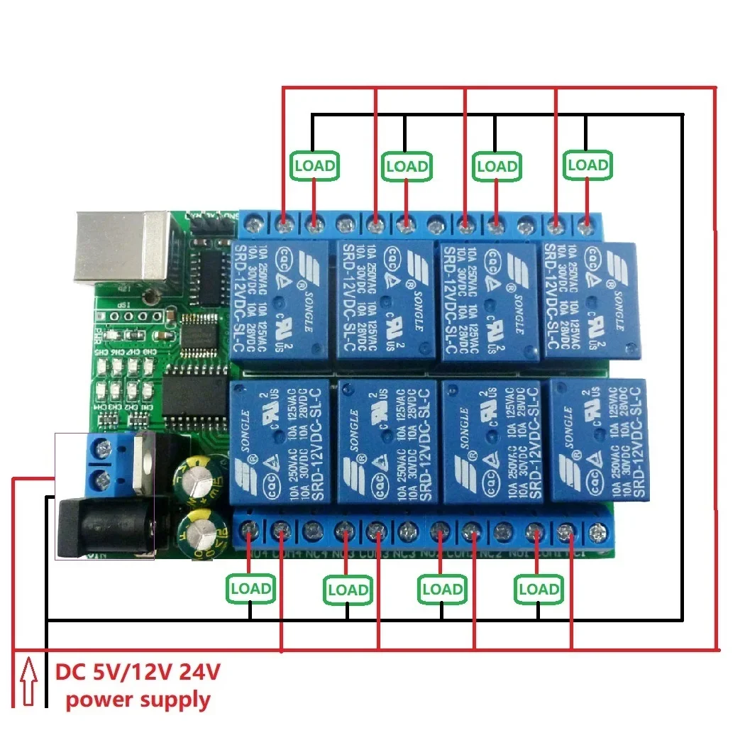 UD23A08 USB RS232 TTL UART Релейный модуль 8CH DC 5V 12V 24V PC MCU Управление переключателем для Motro LED