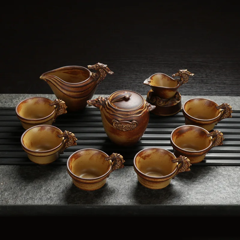 

Kiln Kung Fu Tea Set Burning Coarse Pottery Imitation Ancient Teaset Red Sand Han Clay Hand Relief Tea Cup Gaiwan Gift