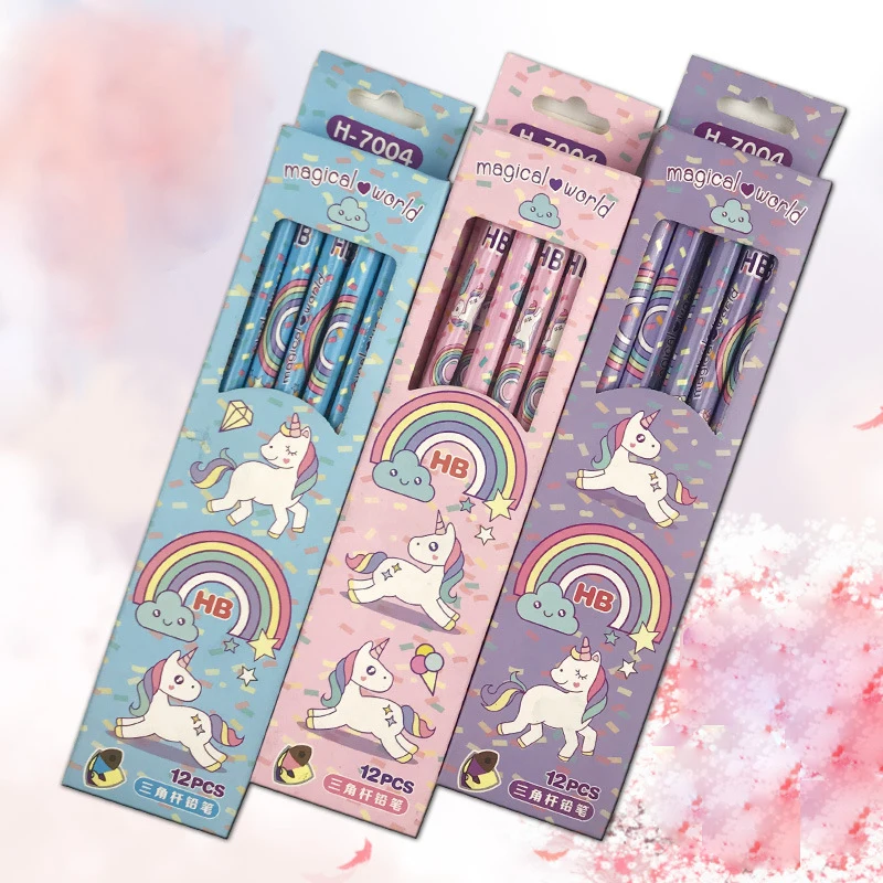 

12pcs/boxed Cute Rainbow Unicorn Triangle HB Standard Wooden Pencils