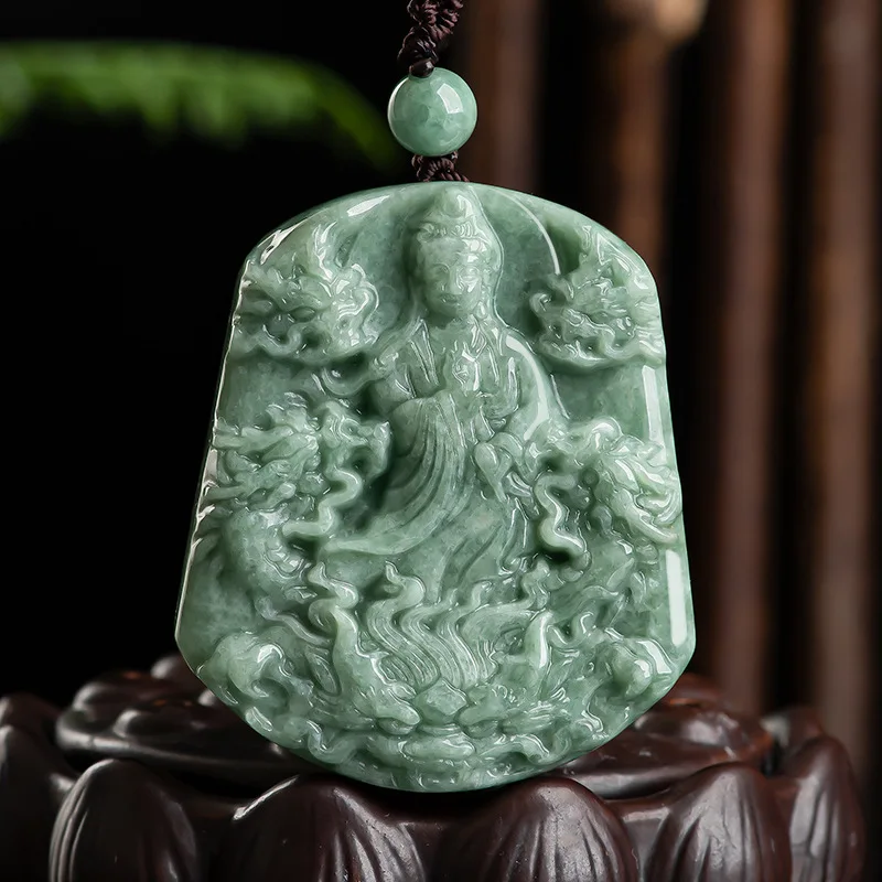 

Подвеска Из бирманского нефрита Гуаньинь, подвески, резные дизайнерские ожерелья, винтажный натуральный подарок, зеленая японская бижутерия, изумрудное ожерелье