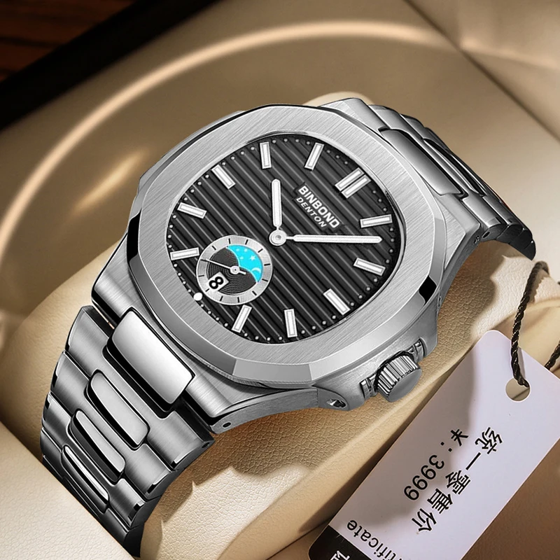 

Часы BINBOND Мужские кварцевые, брендовые модные квадратные водонепроницаемые Роскошные светящиеся с календарем из нержавеющей стали