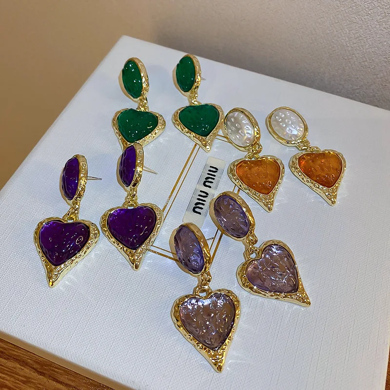 

New Exaggerated Big Resin Heart Statement Earrings For Women Baroque Jewelry Green Purple Yellow Love Large Size Earings Brincos